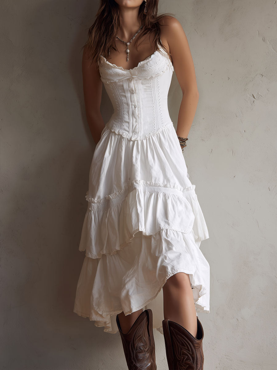 Christine Brewer retro boho corset tiered midi dress with lace trim, featuring a vintage-inspired silhouette and flowing layered design.