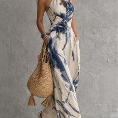 White ink wash print halter neck wide-leg women's jumpsuit with pockets, designed by Christine Brewer.