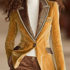Pink velvet leopard print blazer with one button from Christine Brewer, stylish jacket featuring bold pattern and tailored fit.