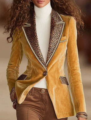 Pink velvet leopard print blazer with one button from Christine Brewer, stylish jacket featuring bold pattern and tailored fit.