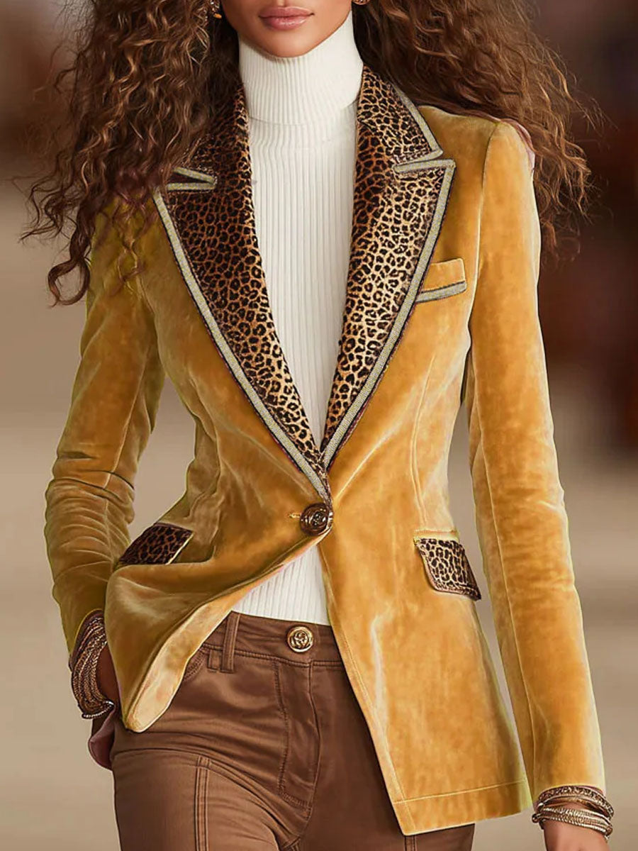 Pink velvet leopard print blazer with one button from Christine Brewer, stylish jacket featuring bold pattern and tailored fit.