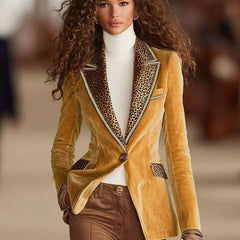 Pink velvet leopard print blazer with one button from Christine Brewer, stylish jacket featuring a tailored fit and bold pattern.