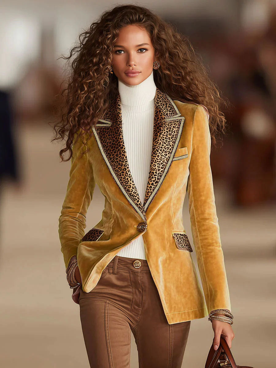 Pink velvet leopard print blazer with one button from Christine Brewer, stylish jacket featuring a tailored fit and bold pattern.