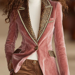 Pink velvet leopard print blazer with one-button closure from Christine Brewer, stylish jacket for a bold fashion statement.