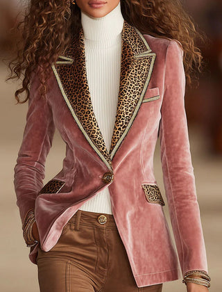 Pink velvet leopard print blazer with one-button closure from Christine Brewer, stylish jacket for a bold fashion statement.