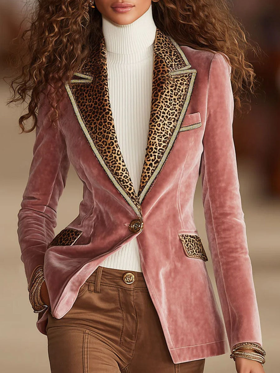 Pink velvet leopard print blazer with one-button closure from Christine Brewer, stylish jacket for a bold fashion statement.