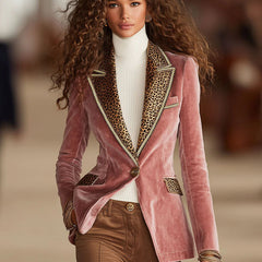 Pink velvet leopard print blazer with one button, stylish jacket from Christine Brewer featuring a trendy animal pattern.