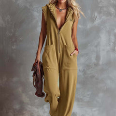 Raspberry red cotton hooded zip-front jumpsuit for women, featuring a comfortable fit and stylish design by Christine Brewer.
