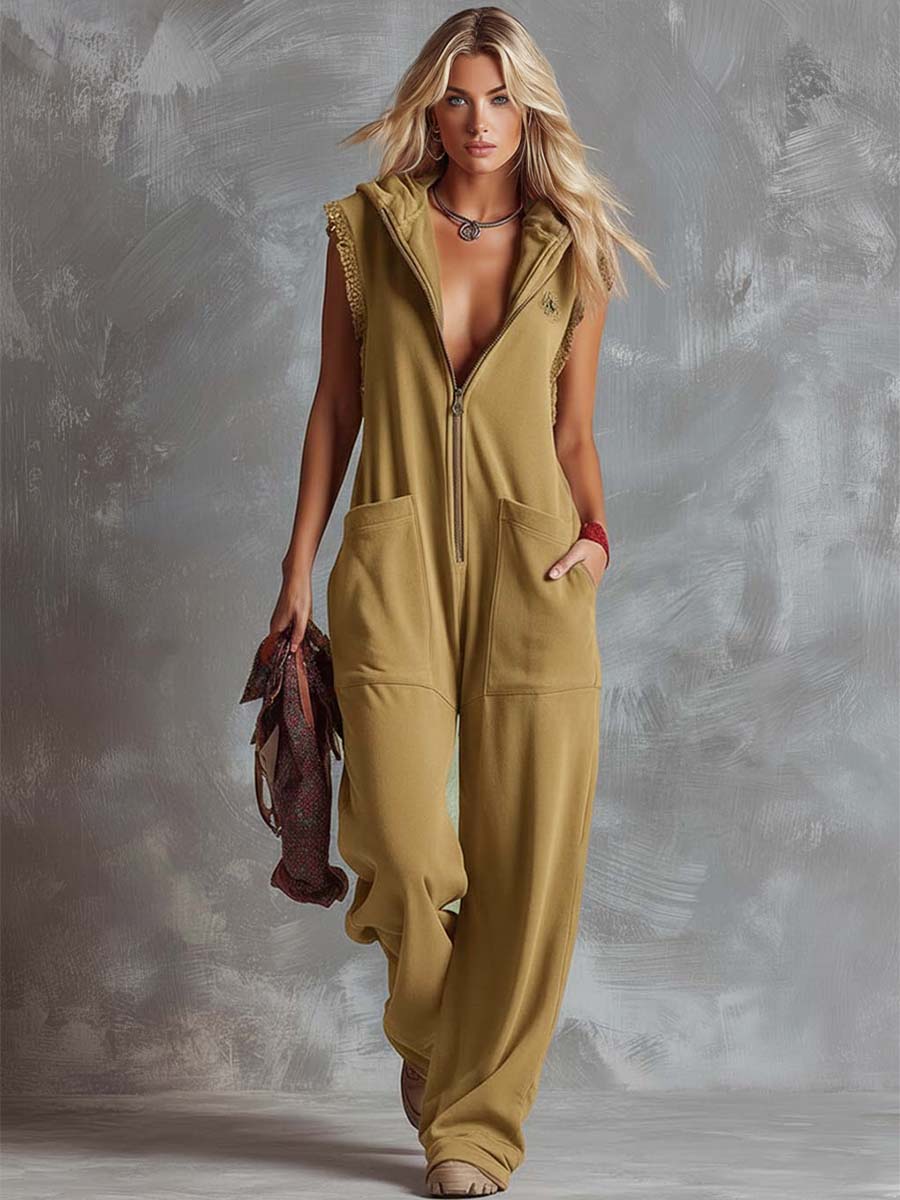 Raspberry red cotton hooded zip-front jumpsuit for women, featuring a comfortable fit and stylish design by Christine Brewer.
