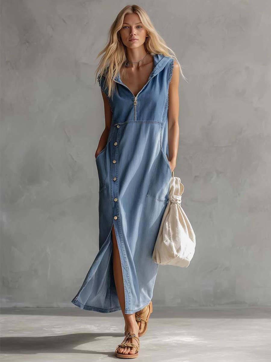 Blue denim V-neck midi dress by Christine Brewer, casual dress with a fitted waist and knee-length skirt, styled for everyday wear.
