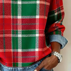 Genevieve patchwork sweatshirt for women by Christine Brewer, featuring colorful patchwork design and cozy hoodie style.
