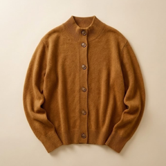 Christina Christine Brewer cashmere high neck cardigan for women, featuring a soft, cozy knit with long sleeves and a fitted silhouette.