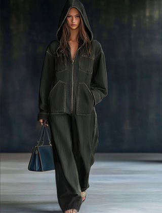 Women's casual loose retro denim jumpsuit with hood, zipper front, long sleeves, and front pockets by Christine Brewer.