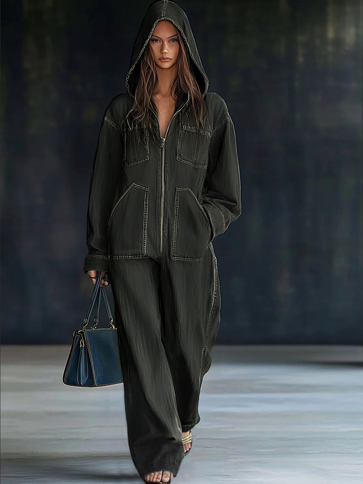 Women's casual loose retro denim jumpsuit with hood, zipper front, long sleeves, and front pockets by Christine Brewer.