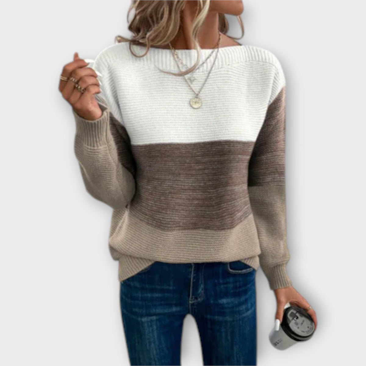 Jessica patchwork sweater for women by Christine Brewer, featuring colorful patchwork knit and long sleeves.