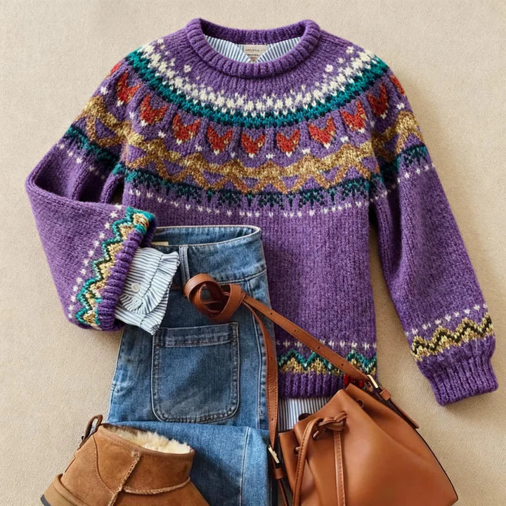 Women’s Nordic sweater by Christine Brewer, featuring a cozy knit pattern and ribbed cuffs, styled on a model.