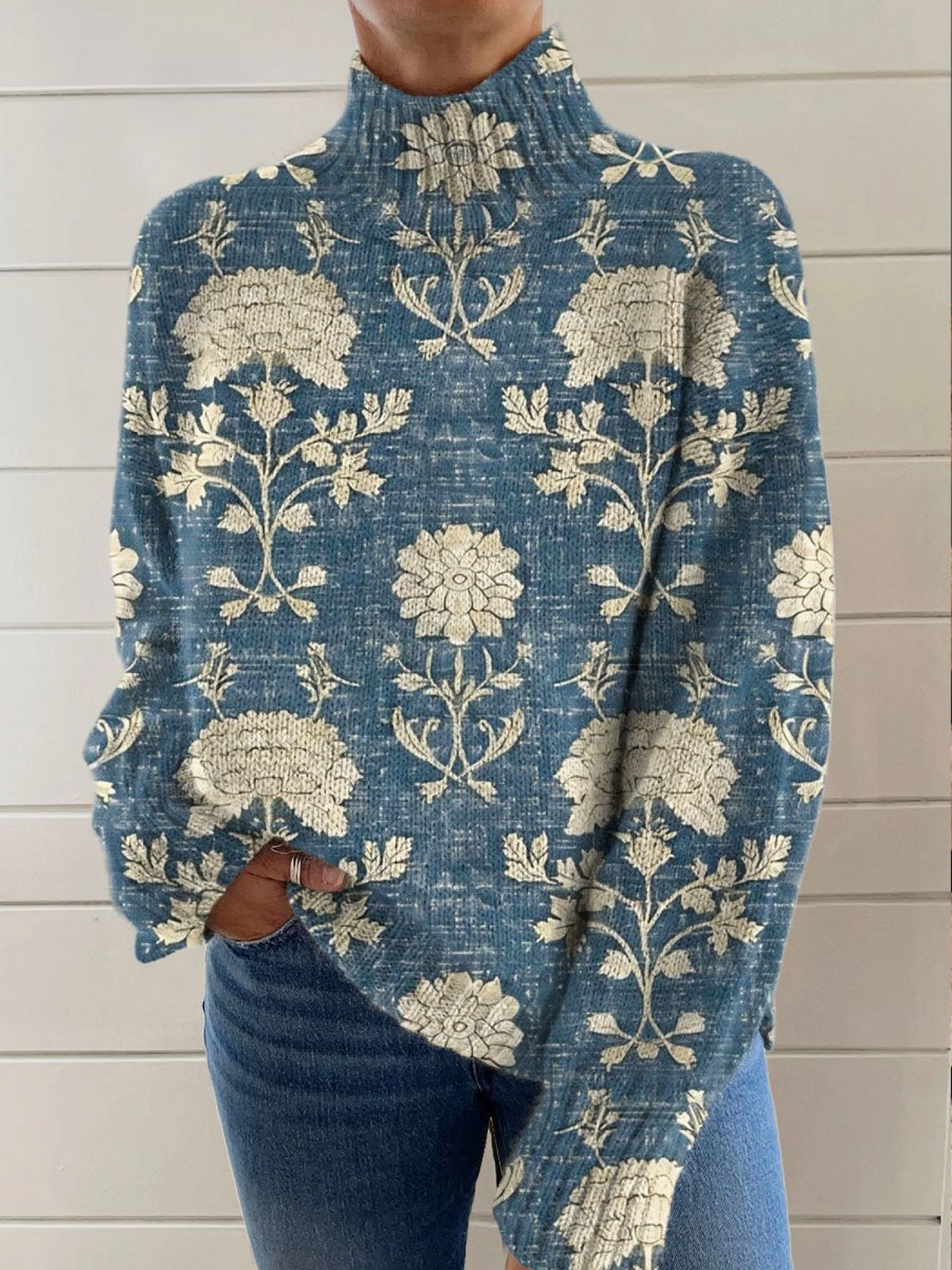 Christine Brewer Elizabeth women's turtleneck floral sweater featuring a colorful floral pattern and cozy knit fabric.