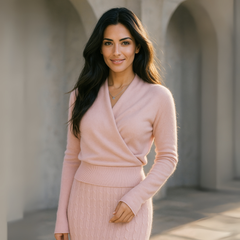Helen cashmere sweater for women by Christine Brewer, soft and cozy knit with a classic fit, styled on a woman.