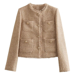 Charlotte short tweed blazer jacket for women by Christine Brewer, featuring a tailored fit and button details.