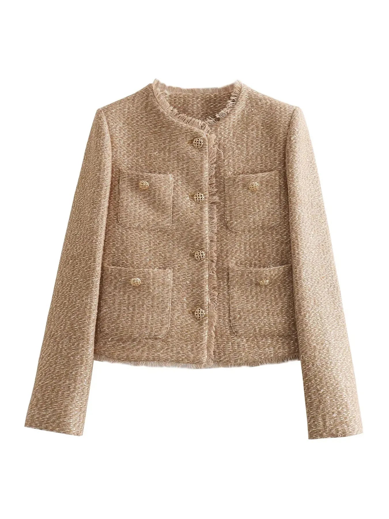 Charlotte short tweed blazer jacket for women by Christine Brewer, featuring a tailored fit and button details.