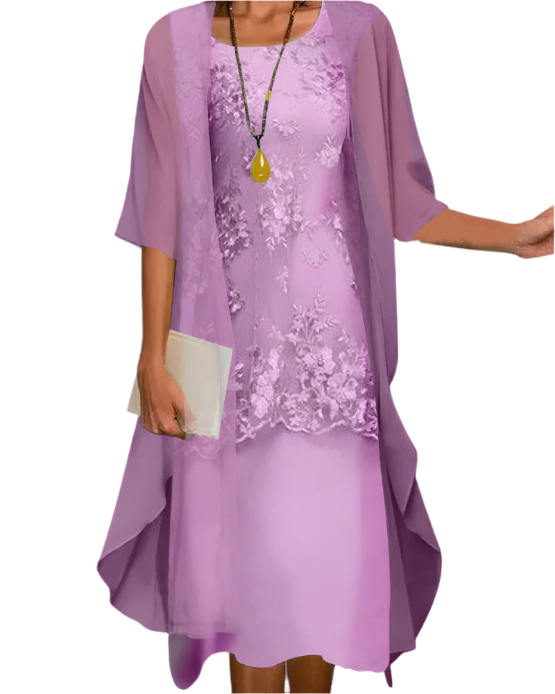 Caroline | Wedding Guest Dress Midi Dress Women Sheer Sleeve Cocktail Dress Formal Layered Flowy