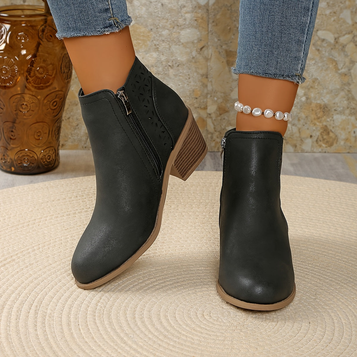 Talen | Ankle Boots Booties Women Winter Fall Laser Cut Cutout Breathable Wide Heel Heeled
