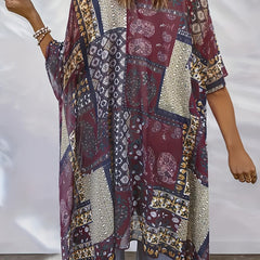 Plus size Christine Brewer kimono cardigan, semi-sheer open-front top with side slits, lightweight and flowy women’s fashion.