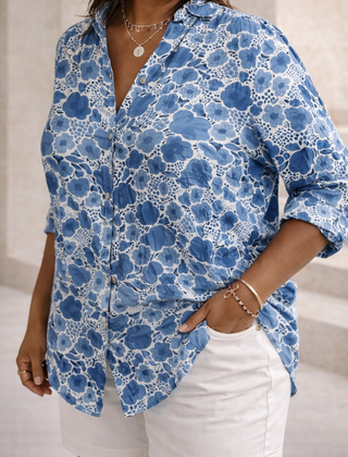 Christine Brewer Lily floral graphic blouse for women, featuring vibrant flower print and lightweight fabric.