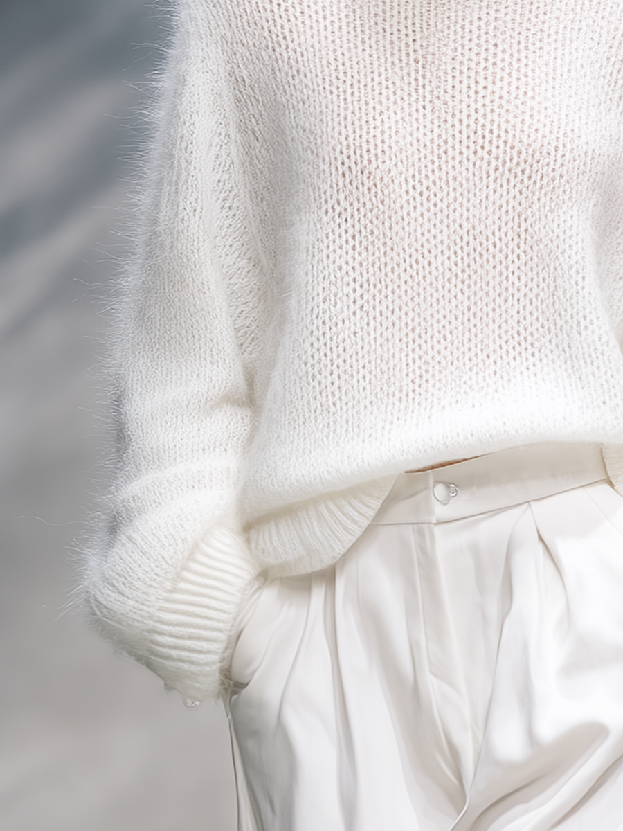 Christine Brewer elegant solid color round neck loose sweater, cozy knit pullover with relaxed fit and classic style.