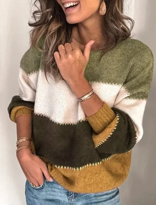 Christine Brewer Fiona knit sweater for women featuring colorful striped and color block design with a relaxed fit and long sleeves.