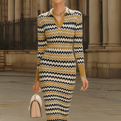 Christine Brewer retro chevron print polo-collar knit midi dress, summer business dress with stylish pattern and comfortable fit.