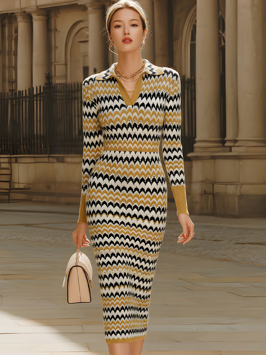 Christine Brewer retro chevron print polo-collar knit midi dress, summer business dress with stylish pattern and comfortable fit.
