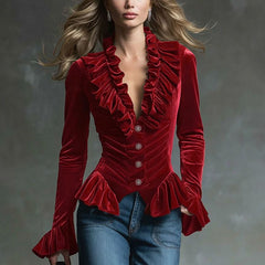 Cocoa Brown Velvet V-Neck Ruffled Long Sleeve Blouse by Christine Brewer, featuring a soft velvet fabric and elegant ruffle details.