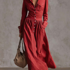 Red linen maxi dress by Christine Brewer, casual flowy dress with a sleeveless design and ankle-length style.