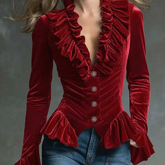 Cocoa Brown Velvet V-neck ruffled long sleeve blouse by Christine Brewer, featuring a soft velvet fabric and elegant ruffle details.