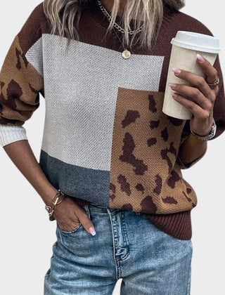 Heather leopard print graphic sweater for women by Christine Brewer, featuring a cozy knit with bold animal print design.