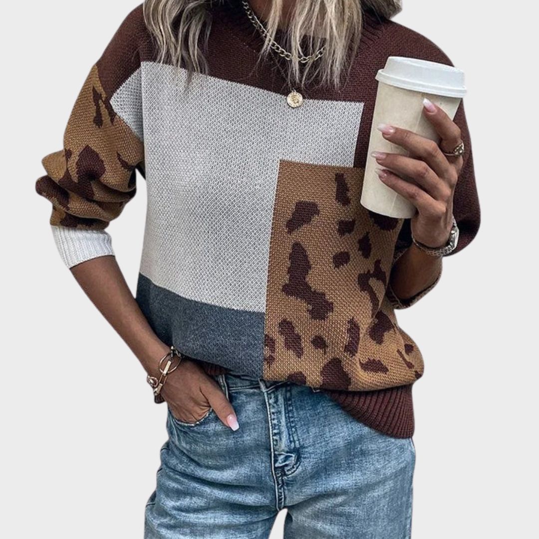 Heather leopard print graphic sweater for women by Christine Brewer, featuring a cozy knit with bold animal print design.