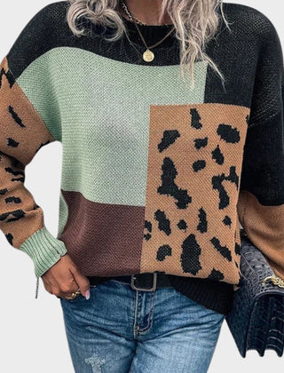 Heather leopard print graphic sweater for women by Christine Brewer, featuring a cozy knit design with bold animal print.