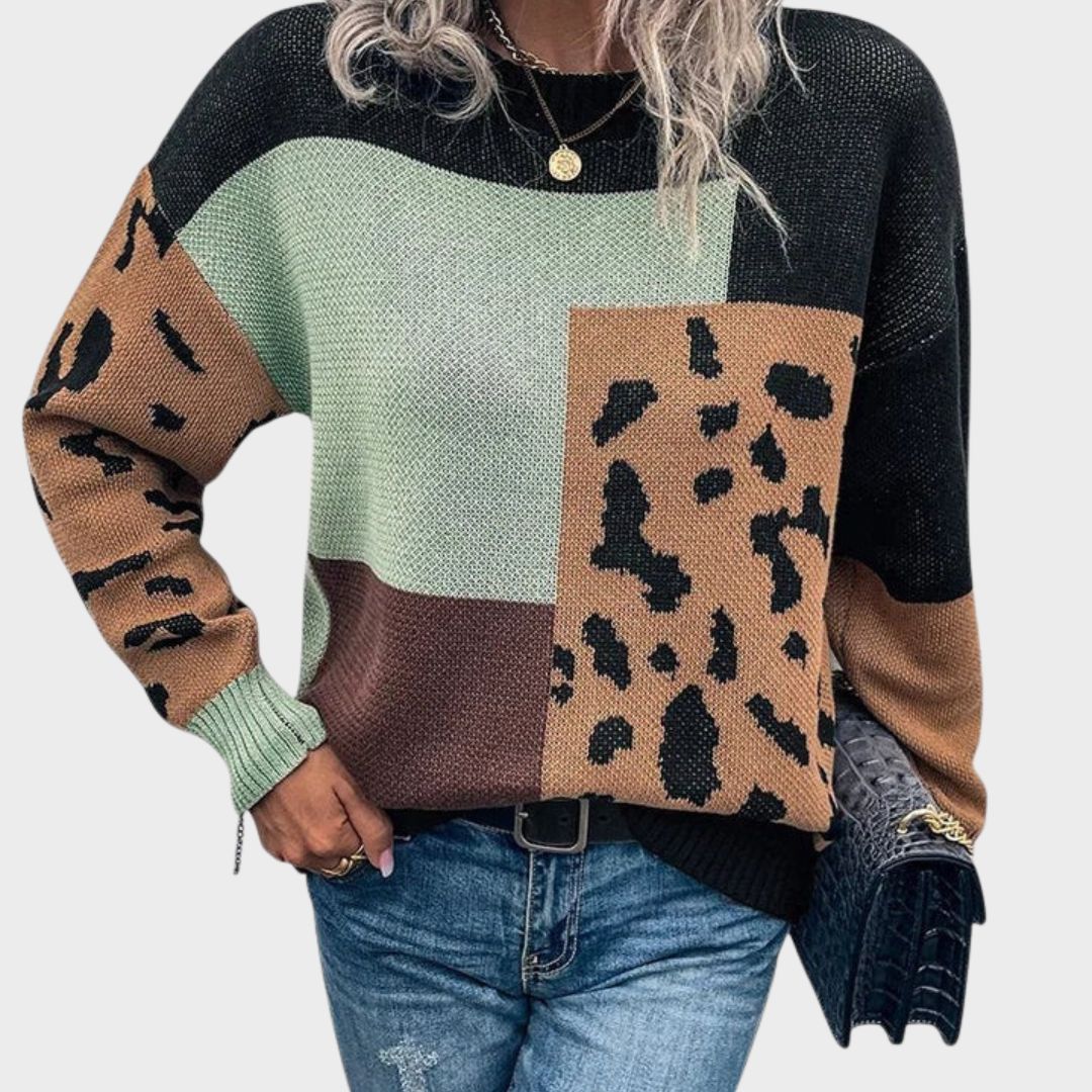 Heather leopard print graphic sweater for women by Christine Brewer, featuring a cozy knit design with bold animal print.