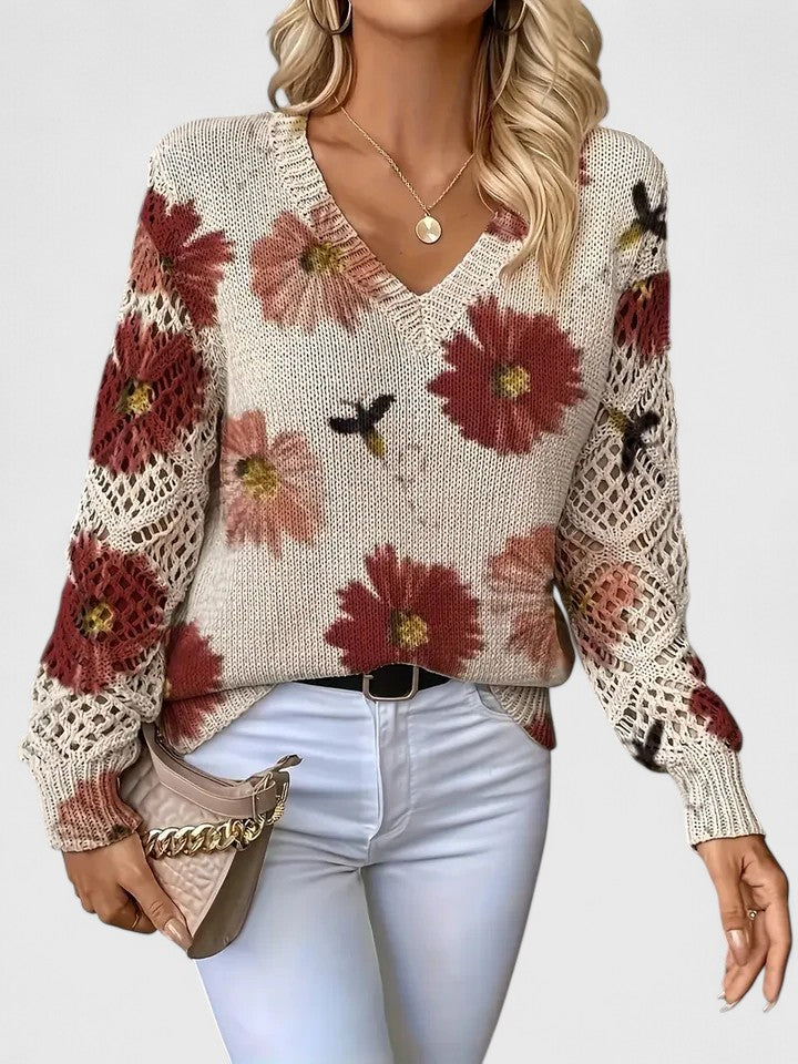Whitney floral V-neck cardigan for women by Christine Brewer, featuring a colorful floral pattern and lightweight knit fabric.