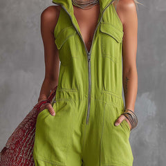Bright green cotton linen zip-front jumpsuit for women by Christine Brewer, featuring a stylish, comfortable pants design.