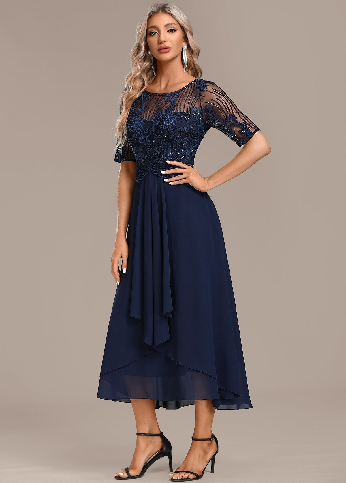 Alba | Navy Lace Midi Dress for Women