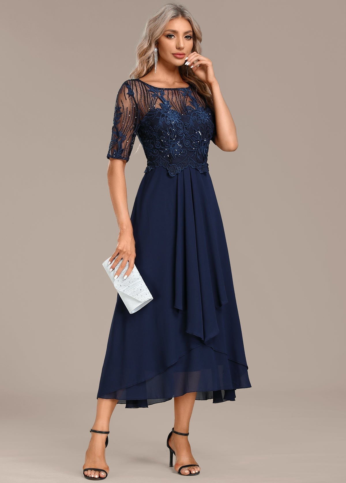 Alba | Navy Lace Midi Dress for Women