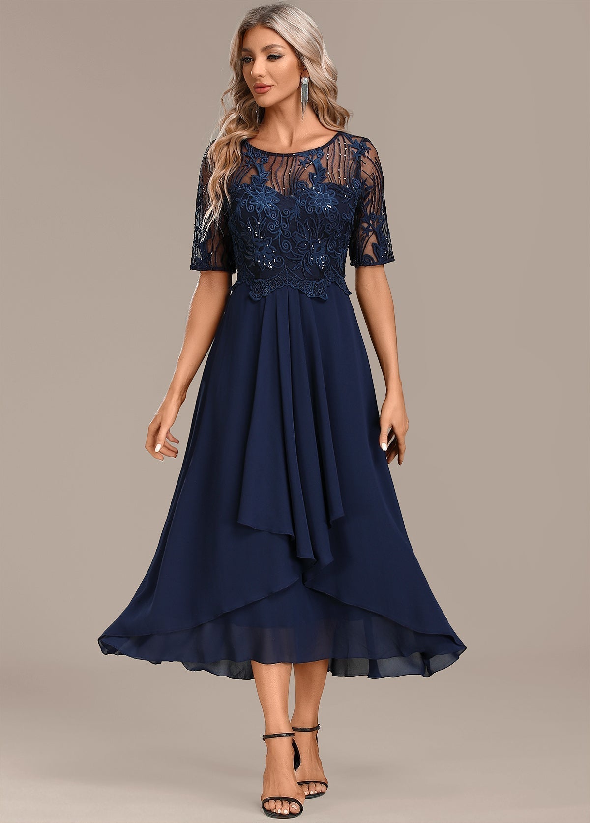 Alba | Navy Lace Midi Dress for Women