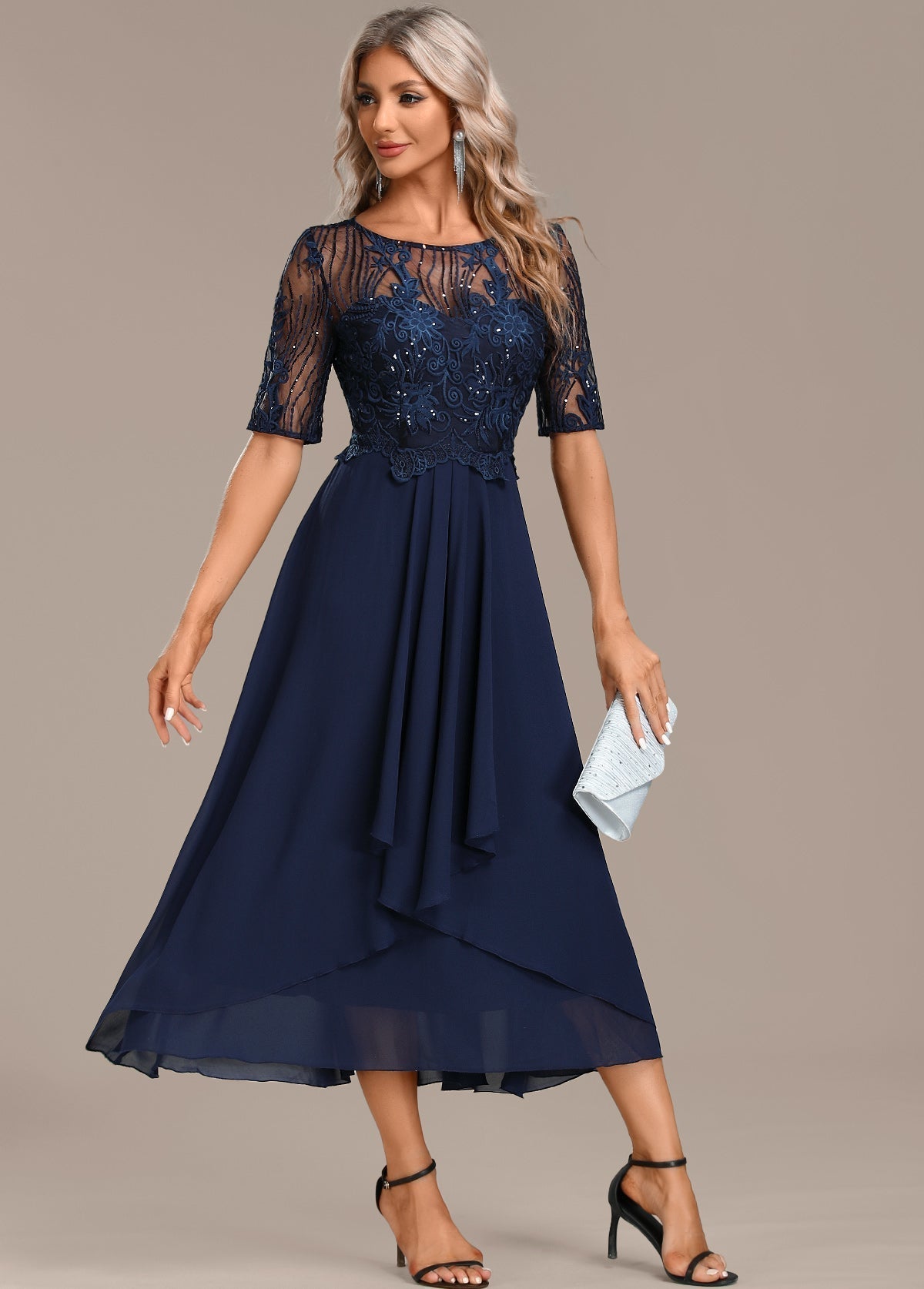 Alba | Navy Lace Midi Dress for Women