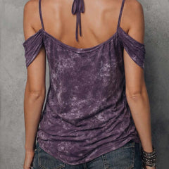 Purple boho tie-dye strappy cami top for women, short sleeve T-shirt with a relaxed fit and vibrant tie-dye pattern.