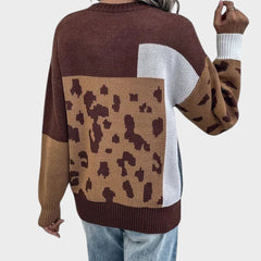 Heather leopard print graphic sweater for women by Christine Brewer, featuring a cozy knit with bold animal print design.