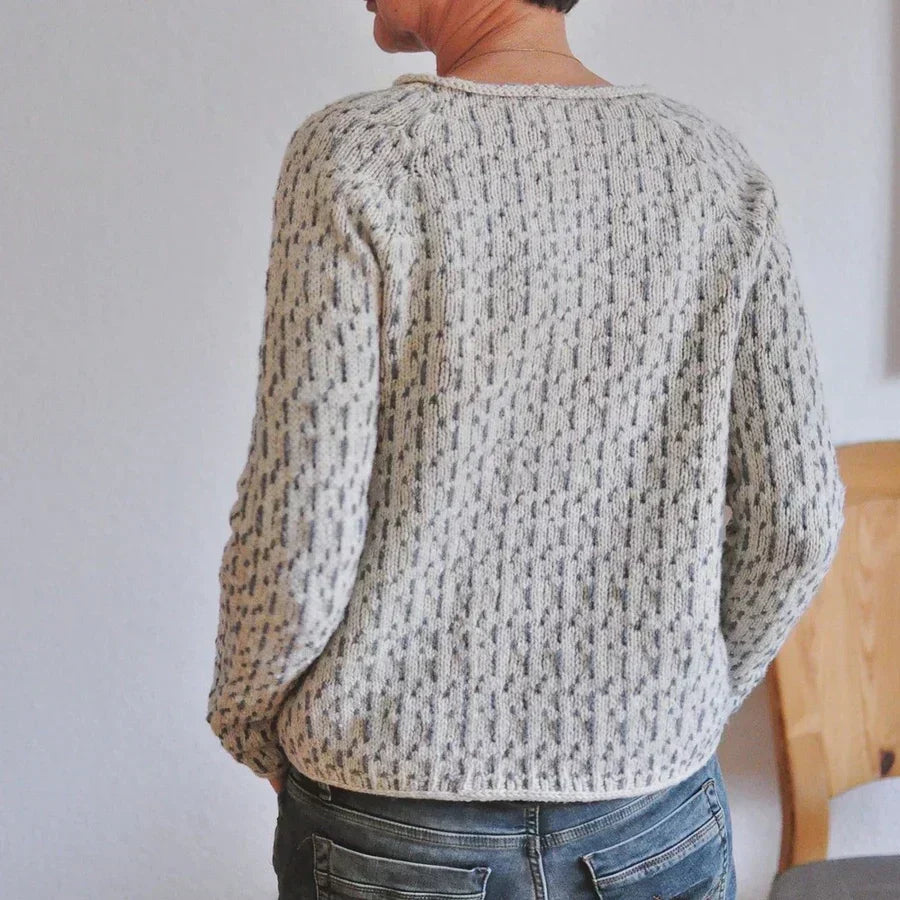Christine Brewer Ella relaxed fit sweater in cozy knit, showing the soft beige sweater with a comfortable, casual style.
