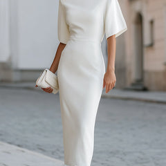 Christine Brewer boat-neck short-sleeve midi dress for women, featuring a stylish and comfortable design in a natural fabric.
