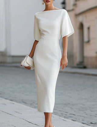 Christine Brewer boat-neck short-sleeve midi dress for women, featuring a stylish and comfortable design in a natural fabric.